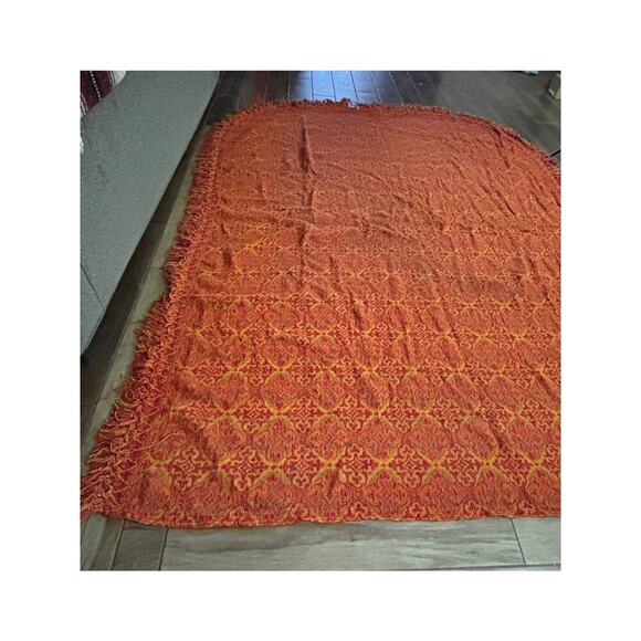 VTG 1970s Damask Bedspread Red Brocade Fringe Edging 78"x100" Boho Full Bedding - Picture 9 of 14